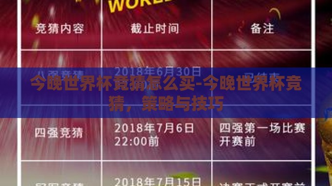 今晚世界杯竞猜怎么买-今晚世界杯竞猜,策略与技巧 今晚世界杯竞猜怎么买-今晚世界杯竞猜,策略与技巧